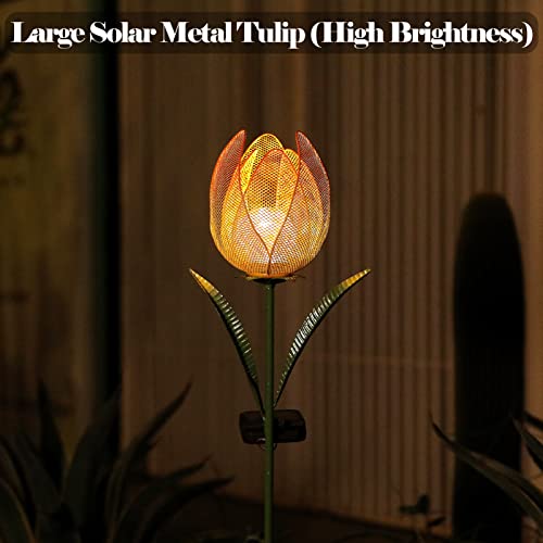 Outdoor Solar Garden Lights - 2 Pack Solar Large Metal Tulip Flowers Decorative Lights - Warm White LED Waterproof Solar Stake Lights for Garden, Patio, Yard, Lawn, Walkway Decoration(Yellow)