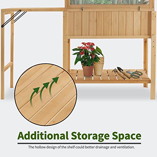 MCombo Cold Frame Greenhouse with Foldable Potting Table, Raised Garden Bed Planter Box with Legs and Wooden Greenhouse with Shelf for Vegetables, Herb and Flowers Use, 0399 (Natural)