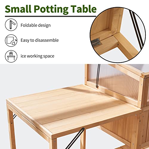 MCombo Cold Frame Greenhouse with Foldable Potting Table, Raised Garden Bed Planter Box with Legs and Wooden Greenhouse with Shelf for Vegetables, Herb and Flowers Use, 0399 (Natural)