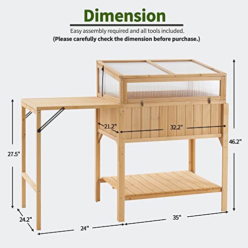 MCombo Cold Frame Greenhouse with Foldable Potting Table, Raised Garden Bed Planter Box with Legs and Wooden Greenhouse with Shelf for Vegetables, Herb and Flowers Use, 0399 (Natural)