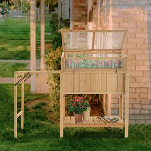 MCombo Cold Frame Greenhouse with Foldable Potting Table, Raised Garden Bed Planter Box with Legs and Wooden Greenhouse with Shelf for Vegetables, Herb and Flowers Use, 0399 (Natural)