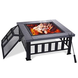 yardom 34 inch outdoor fire pits bbq square firepit table backyard patio garden stove wood burning fireplace with grill, spark screen cover, poker, rain cover