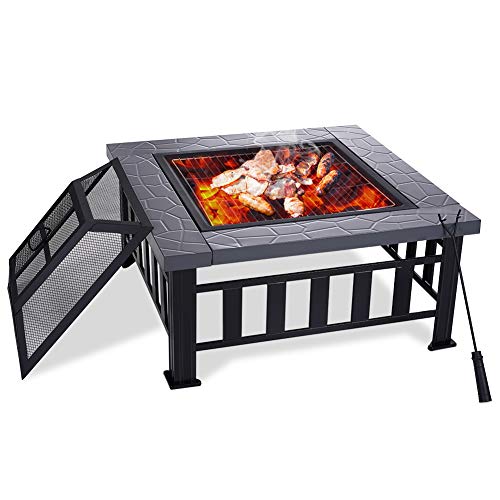 Yardom 34 inch Outdoor Fire Pits BBQ Square Firepit Table Backyard Patio Garden Stove Wood Burning Fireplace with Grill, Spark Screen Cover, Poker, Rain Cover