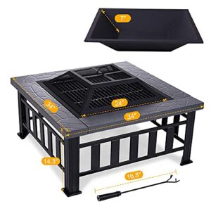 Yardom 34 inch Outdoor Fire Pits BBQ Square Firepit Table Backyard Patio Garden Stove Wood Burning Fireplace with Grill, Spark Screen Cover, Poker, Rain Cover