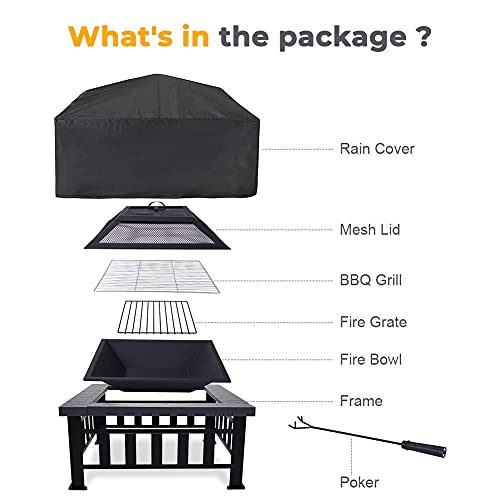 Yardom 34 inch Outdoor Fire Pits BBQ Square Firepit Table Backyard Patio Garden Stove Wood Burning Fireplace with Grill, Spark Screen Cover, Poker, Rain Cover