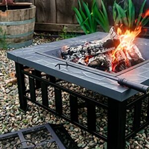 Yardom 34 inch Outdoor Fire Pits BBQ Square Firepit Table Backyard Patio Garden Stove Wood Burning Fireplace with Grill, Spark Screen Cover, Poker, Rain Cover