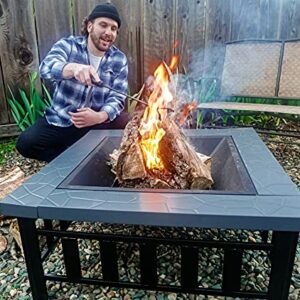 Yardom 34 inch Outdoor Fire Pits BBQ Square Firepit Table Backyard Patio Garden Stove Wood Burning Fireplace with Grill, Spark Screen Cover, Poker, Rain Cover