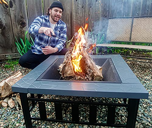 Yardom 34 inch Outdoor Fire Pits BBQ Square Firepit Table Backyard Patio Garden Stove Wood Burning Fireplace with Grill, Spark Screen Cover, Poker, Rain Cover