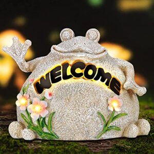 garden figurines outdoor decor – solar powered led frog figurine with welcome sign for indoor outdoor decorations, patio yard lawn decor, housewarming gift
