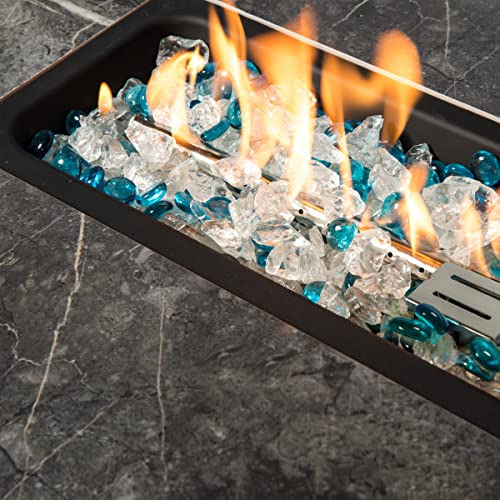 NEWTIK Propane Fire Pit Table, 40000 BTU Heat Outdoor Gas Firepits with Lid, Rain Cover, Ceramic Tile Tabletop, Color Glass Rocks, Fire Pits for Outside, Patio, Garden, Backyard