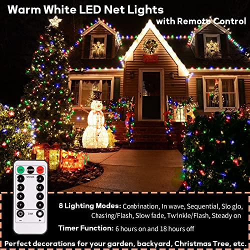 Christmas 200 LED Net Lights Plug in, 6.6ft X 9.8ft Dark Green Wire Garden Net Lights with Remote 8 Modes Timer Dimmable Mesh Light Waterproof for Outdoor Roof Wall Fence Xmas Tree Decor (RGB)