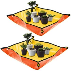 2pack plant repotting square mats,39.3inch foldable garden transplanting work cloth,waterproof dirty catcher gardening succulent potting tarp for indoor bonsai succulents plant care (orange)