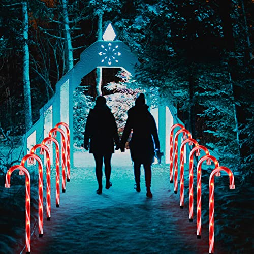 16'' Christmas Candy Cane Lights Outdoor Pathway, Set of 12 Christmas Candy Cane Markers Waterproof, Light Up Xmas Candy Cane Decoration with Stakes for Patio, Garden, Walkway