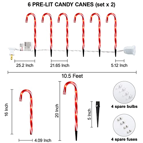 16'' Christmas Candy Cane Lights Outdoor Pathway, Set of 12 Christmas Candy Cane Markers Waterproof, Light Up Xmas Candy Cane Decoration with Stakes for Patio, Garden, Walkway