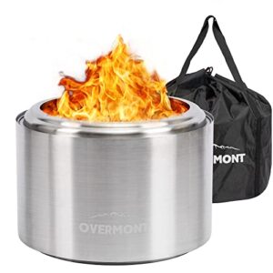 overmont 19.5″ bonfire fire pit with cover bag, smokeless stove for outdoor stainless steel wood burning fireplaces with removable ash pan