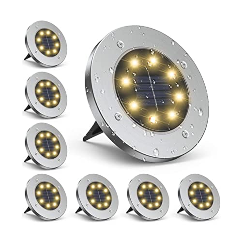 Solar Ground Lights, 8 LED Warm Light Outdoor Solar Disk Lights, IP65 Waterproof Solar Pathway Lights Outdoor Landscape Lighting for Walkway Garden Driveway Path Yard Patio Lawn Fence,8 Pack