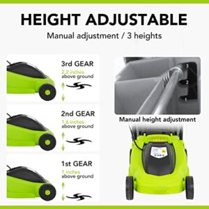 HKLGorg Electric Lawn Mower, 13-Inch 12 Amp Corded Push Mower with 3-Position Height Adjustment, 25L Collection Box, Corded Folding Handle, Electric Dethatcher for Yard, Lawn and Garden Care (Green)