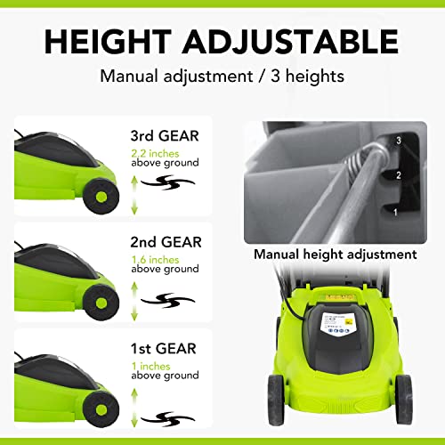 HKLGorg Electric Lawn Mower, 13-Inch 12 Amp Corded Push Mower with 3-Position Height Adjustment, 25L Collection Box, Corded Folding Handle, Electric Dethatcher for Yard, Lawn and Garden Care (Green)