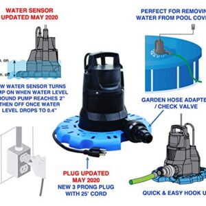 Star SPCP01 ¼ HP Automatic ON/OFF Swimming Pool Cover Pump with Garden Hose Adapter & 25' Power Cord, 2400 GPH Fast Water Removal, Submersible, Blue