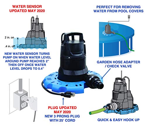 Star SPCP01 ¼ HP Automatic ON/OFF Swimming Pool Cover Pump with Garden Hose Adapter & 25' Power Cord, 2400 GPH Fast Water Removal, Submersible, Blue