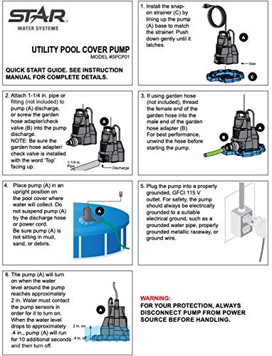 Star SPCP01 ¼ HP Automatic ON/OFF Swimming Pool Cover Pump with Garden Hose Adapter & 25' Power Cord, 2400 GPH Fast Water Removal, Submersible, Blue