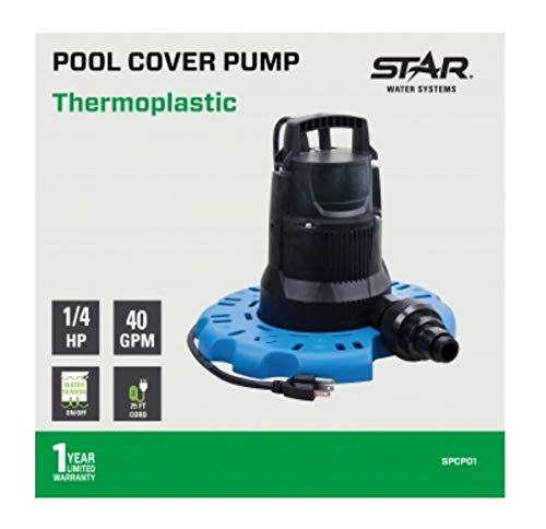 Star SPCP01 ¼ HP Automatic ON/OFF Swimming Pool Cover Pump with Garden Hose Adapter & 25' Power Cord, 2400 GPH Fast Water Removal, Submersible, Blue