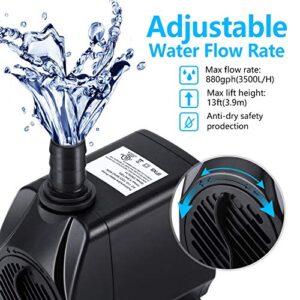 CWKJ Fountain Pump, 880GPH Submersible Water Pump, Durable 60W Outdoor Fountain Water Pump with 6.5ft Tubing (ID x 1/2-Inch), 3 Nozzles for Aquarium, Pond, Fish Tank, Water Pump Hydroponics, Fountain