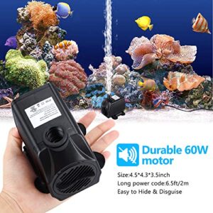 CWKJ Fountain Pump, 880GPH Submersible Water Pump, Durable 60W Outdoor Fountain Water Pump with 6.5ft Tubing (ID x 1/2-Inch), 3 Nozzles for Aquarium, Pond, Fish Tank, Water Pump Hydroponics, Fountain