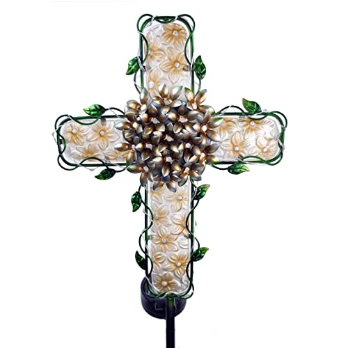 JOYBee 38Inch Cross Solar Garden Lights Outdoor Decorative-Solar Metal&Glass Cross Apricot Hydrangea Flower Stake Lights- Waterproof 20 Warm White LEDs for Remembrance Gifts & Sympathy Gifts.