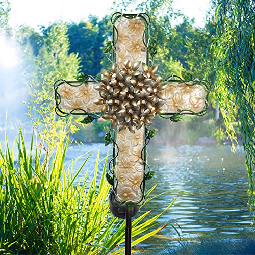 JOYBee 38Inch Cross Solar Garden Lights Outdoor Decorative-Solar Metal&Glass Cross Apricot Hydrangea Flower Stake Lights- Waterproof 20 Warm White LEDs for Remembrance Gifts & Sympathy Gifts.