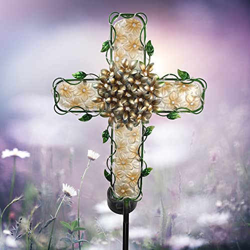 JOYBee 38Inch Cross Solar Garden Lights Outdoor Decorative-Solar Metal&Glass Cross Apricot Hydrangea Flower Stake Lights- Waterproof 20 Warm White LEDs for Remembrance Gifts & Sympathy Gifts.