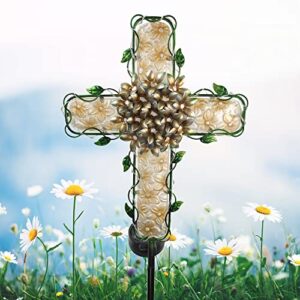 JOYBee 38Inch Cross Solar Garden Lights Outdoor Decorative-Solar Metal&Glass Cross Apricot Hydrangea Flower Stake Lights- Waterproof 20 Warm White LEDs for Remembrance Gifts & Sympathy Gifts.