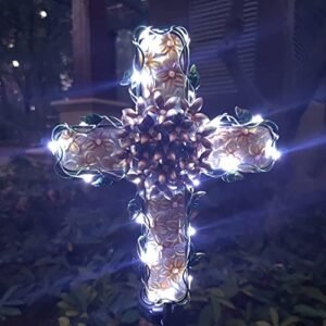 JOYBee 38Inch Cross Solar Garden Lights Outdoor Decorative-Solar Metal&Glass Cross Apricot Hydrangea Flower Stake Lights- Waterproof 20 Warm White LEDs for Remembrance Gifts & Sympathy Gifts.