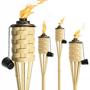 ONETHATCH Faux Bamboo Outdoor Torches (Sundried Color, 4pack); Large Island Citronella Torch for Garden Lighting, Luau Party, and Tropical Decor; Easy Refill Wide-Mouth Canister, Stands 60” Tall