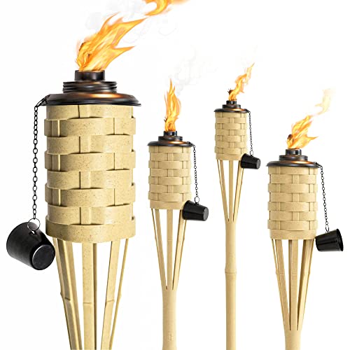 ONETHATCH Faux Bamboo Outdoor Torches (Sundried Color, 4pack); Large Island Citronella Torch for Garden Lighting, Luau Party, and Tropical Decor; Easy Refill Wide-Mouth Canister, Stands 60” Tall