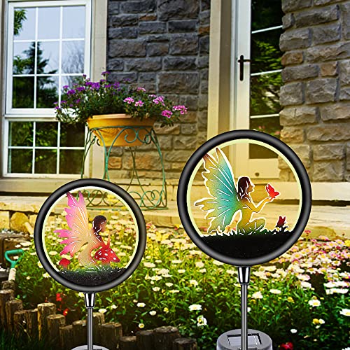 EDOF 2 Pack Fairy Solar Light Garden Decor, Fairy Decorative Garden LED Stake Lights for Walkway Yard Lawn Patio Garden Courtyard Waterproof Outdoor Decorative