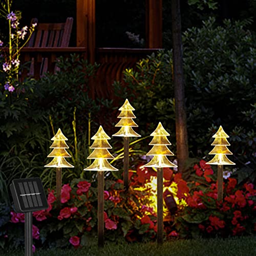 Christmas Tree Pathway Lights Outdoor, Solar Christmas Lights, Garden Christmas Path Lights, Set-of-5 Stick Walkway Lights Christmas Garden Decor(Warm White)