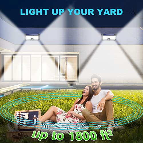 Solar Lights Outdoor Super-Bright 358 LEDs 3000lm - Solar Motion Sensor Lights Outdoor - Solar Battery Powered 4400 mAh - for Wall, Post, Pathway Garden up to 1800 sq ft - 3 Optional Modes (2 Pack)