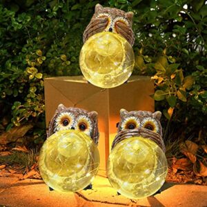 angmln owl solar lights garden outdoor, 3 pack solar figurines lights decor growing orb waterproof cute garden statues for patio yard lawn clearance ornaments