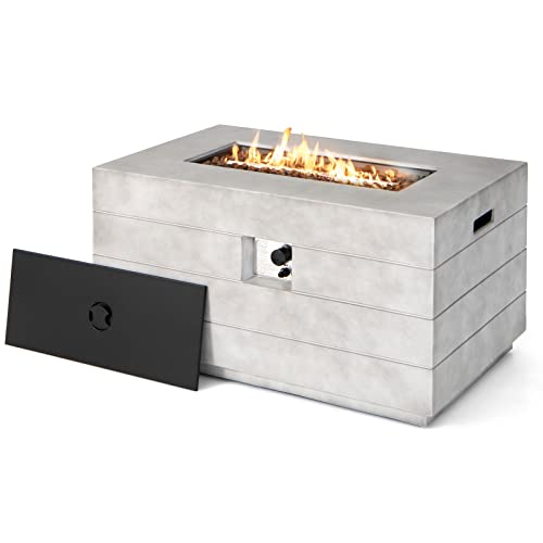 Tangkula 43-inch Concrete Propane Gas Fire Pit Table, Rectangular Outdoor Propane Fire Table with Protective Cover, Lava Rocks & Metal Lid, 50,000BTU Outdoor Concrete Fire Table for Patio, Garden