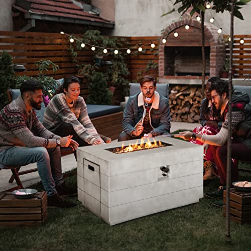 Tangkula 43-inch Concrete Propane Gas Fire Pit Table, Rectangular Outdoor Propane Fire Table with Protective Cover, Lava Rocks & Metal Lid, 50,000BTU Outdoor Concrete Fire Table for Patio, Garden