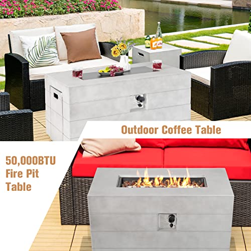 Tangkula 43-inch Concrete Propane Gas Fire Pit Table, Rectangular Outdoor Propane Fire Table with Protective Cover, Lava Rocks & Metal Lid, 50,000BTU Outdoor Concrete Fire Table for Patio, Garden