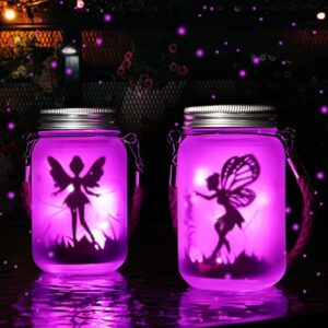 alritz 2 pack solar lantern fairy lights, garden ornament lights – outdoor hanging frosted glass mason jar lights for tree, table, yard, garden, patio, lawn (rose)