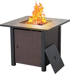 yangming propane fire pit table, 30 inch 50,000 btu square outdoor gas firepit with porcelain tile tabletop, lid, lava rocks for garden, patio, deck, yard, espresso brown (qx-ol-ftable-exp)