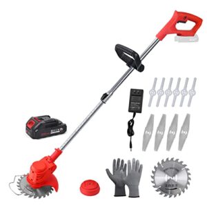 cordless blade trimmer brush cutter battery powered, 21v lightweight weed eater with 2.0ah li-ion battery 3 type trimmer blades, powerful weed whacker for lawn, yard, garden, bush trimming & pruning