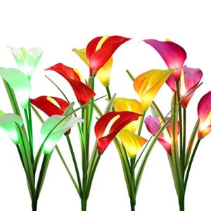 brizlabs outdoor solar flower lights, 4 pack 16 led solar powered garden stake lights, multi-color changing calla lily flower lights, waterproof solar landscape lights for garden, patio, pathway decor