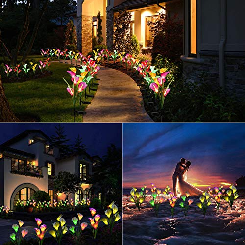 BrizLabs Outdoor Solar Flower Lights, 4 Pack 16 LED Solar Powered Garden Stake Lights, Multi-Color Changing Calla Lily Flower Lights, Waterproof Solar Landscape Lights for Garden, Patio, Pathway Decor