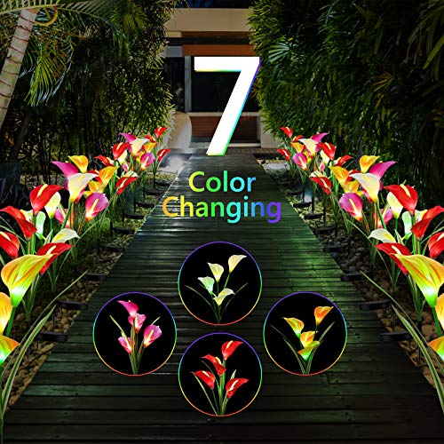 BrizLabs Outdoor Solar Flower Lights, 4 Pack 16 LED Solar Powered Garden Stake Lights, Multi-Color Changing Calla Lily Flower Lights, Waterproof Solar Landscape Lights for Garden, Patio, Pathway Decor