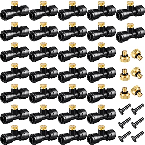 Misting Nozzles Kit Include Water Misting Nozzle Tees Thread 1/4 Inch and Brass Orifice Nozzle with Black Plug for Outdoor Spray Cooling System (72 Pieces in Total)