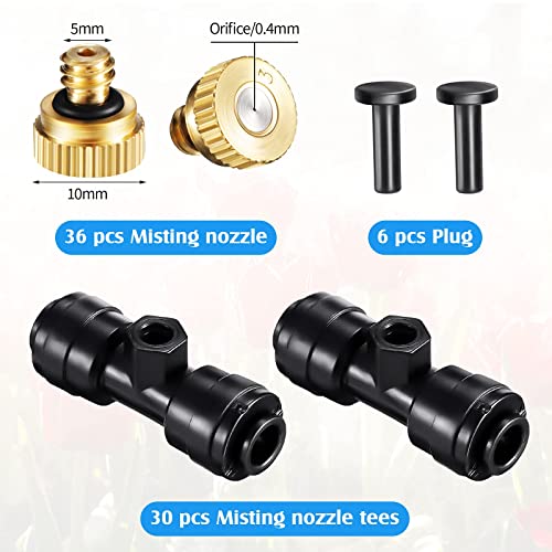 Misting Nozzles Kit Include Water Misting Nozzle Tees Thread 1/4 Inch and Brass Orifice Nozzle with Black Plug for Outdoor Spray Cooling System (72 Pieces in Total)